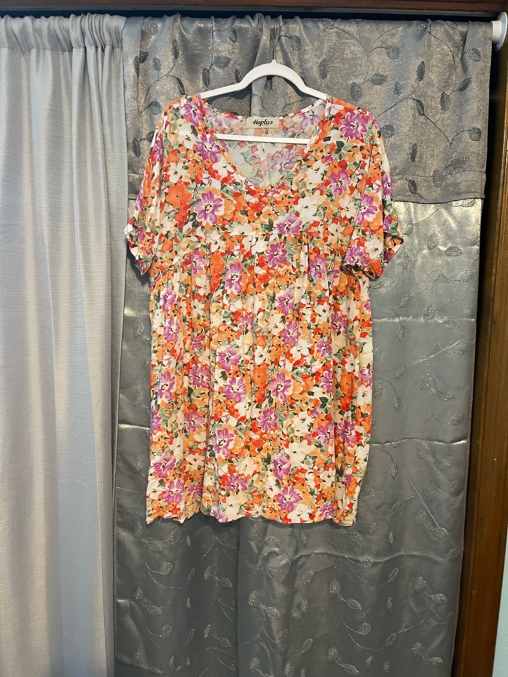 Allegra K Floral V-Neck Short Sleeve babydoll  in Orange & Pink